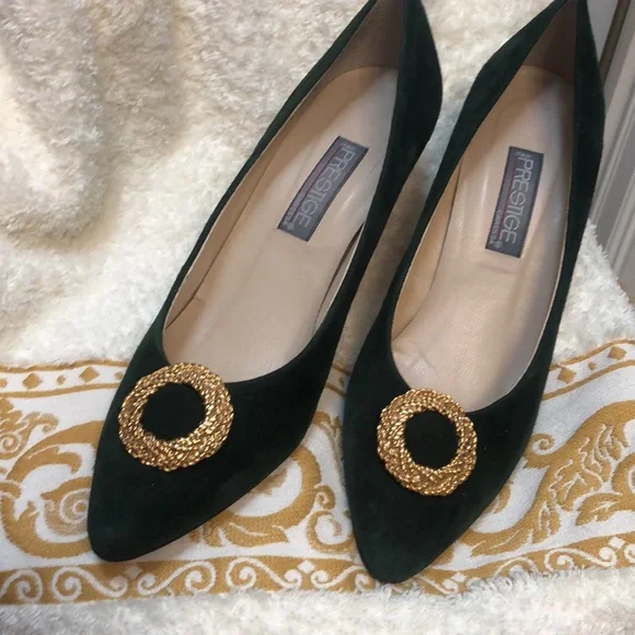 Suede Italy 🇮🇹 Pine Green Heels 7.5 m vintage Holidays ✨Festive ✨ So unique ✨ - Picture 2 of 10